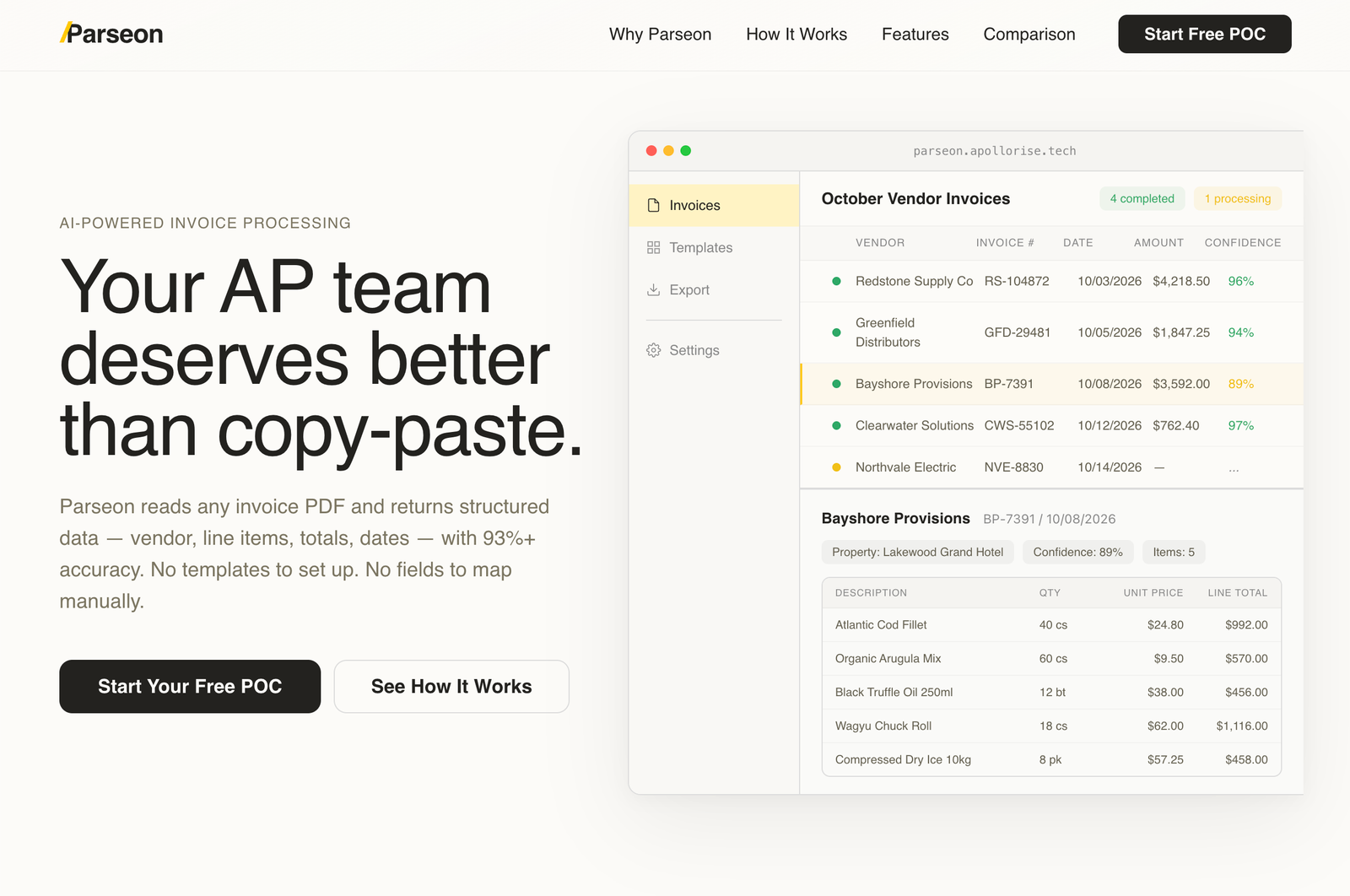 Parseon — AI invoice processing product landing page